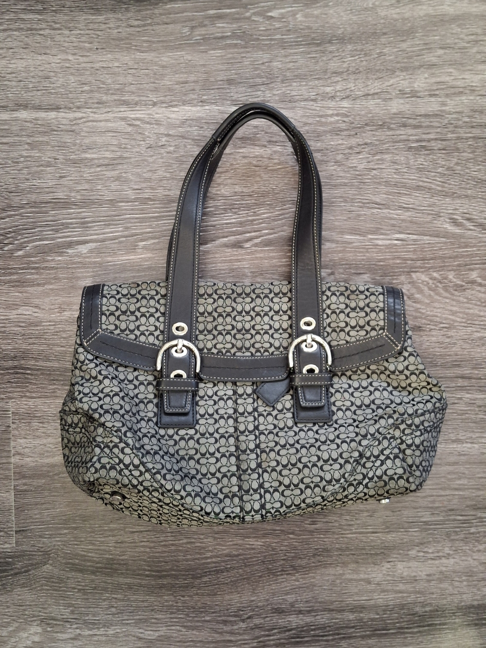 Y2k Coach Canvas & Leather Elegant Black Shoulder Bag with Buckle Silver Accents